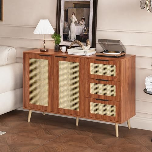 Moimhear Aparador vintage de ratán con 2 puertas y 3 cajones, equipado con asas negras para comedor, cocina y salón (nogal)