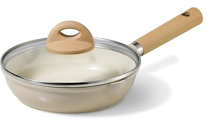 CAROTE 8 Ceramic Frying Pan with Lid, Non Stick Frying Pan Skillet Chef's Pan, Healthy & PFOA/PFAS Free, Induction-Compatible, Taupe