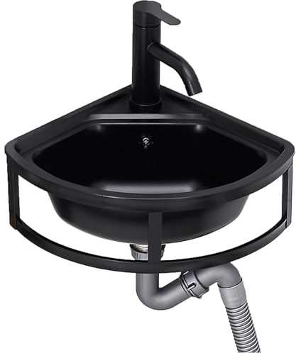 Hörnhandfat i rostfritt stål, triangulärt minihandfat med varm och kall vattenkran, svart väggmonterad diskbänk för badrum, kök, toalett och hotellanvändning