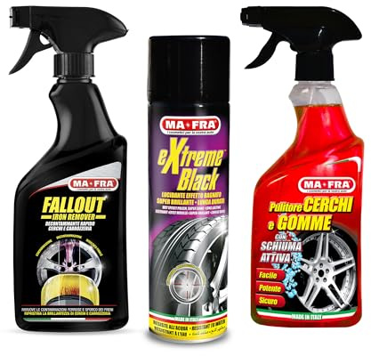 Ma-Fra Kit Decontaminazione e Cura Ruote, Fallout Iron Remover 500 ml + Pulitore Cerchi e Gomme 500 ml + Extreme Black 500 ml, Rimuove Residui Ferrosi, Pulisce Cerchi e Gomme, Effetto Bagnato Duraturo