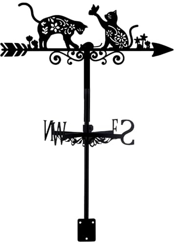 PRESSINART Cat Weathervane Outdoor Yard Metal Wind Vane Black Cats Mouse Butterfly Flower Pattern Iron Decorative Weathercock Wind Direction Indicator Tool for Farmhouse Yard Decor 7.9 x 14.2 Inch