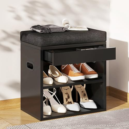 YMYNY kleine Schuhbank mit Sitzfläche und Schublade, Schwarz HSC002B | Schuhschrank mit Sitzbank, Schuhregal Klein aus Holz mit Sitzbank & Stauraum für Eingang, Flur, Schlafzimmer
