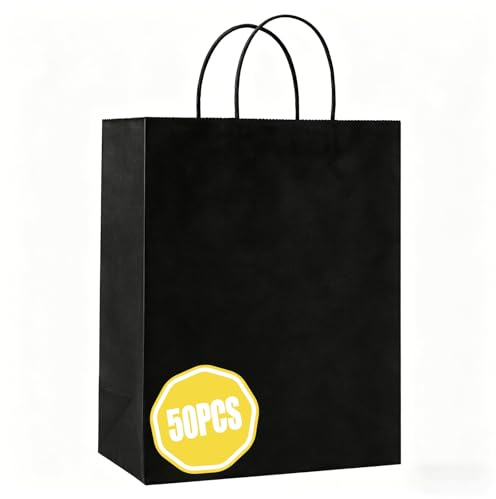 50 Schwarze Kleine Kraftpapiertüten mit Henkeln 21x11x27cm Ostern Geschenke | Robuste Schwarze kleine Kraft-Geschenktüten mit Henkeln für Geburtstag, Hochzeit, Weihnachten, Halloween & Ostern