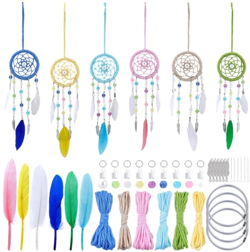 SUNNYCLUE Kit de Fabrication de Capteur de Rêves à Faire Soi Même (6 kit) : Plumes Perles de Verre Décoration Murale Style Bohème Idéal pour la Voiture le Rétroviseur Ou la Maison Tutoriel Vidéo Inclu