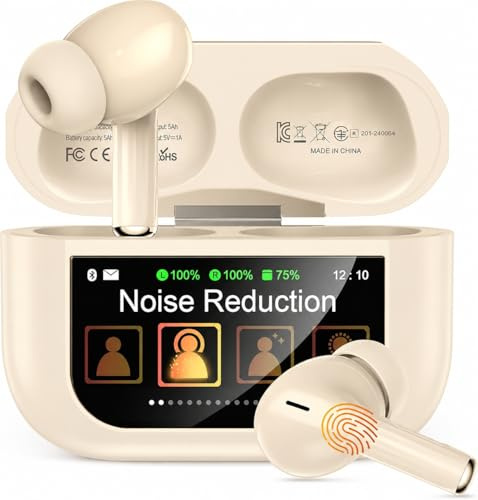 ZZU Kopfhörer Kabellose Bluetooth mit Smart Touchscreen, 48 Std. Laufzeit, Bluetooth 5.4 In-Ear Ohrhörer mit ANC & ENC Geräuschunterdrückung, 5 EQ-Modi, HiFi Stereo, IPX7 Wasserdicht Sand