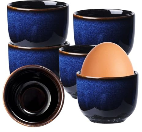 DUOHERESHUI 6 Pièces Coquetiers Ceramique, Coquetier Oeuf, Rond, Bleu | Coquetiers En Porcelaine, Ensemble Pour Toutes Les Tailles d'Œufs, Pour Œufs Cuits, Petit-Déjeuner, Pour Maison, Restaurant,