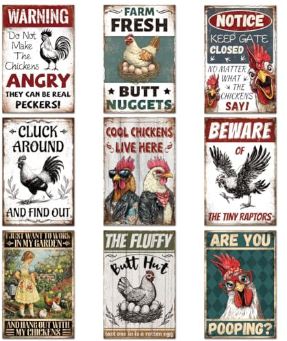 GLASSWINDS 9 Pcs Chicken Coop Signs, Funny Chicken Signs Outdoor 8×12 Inch, Metal Tin Sign for Farm Yard Garden Easter