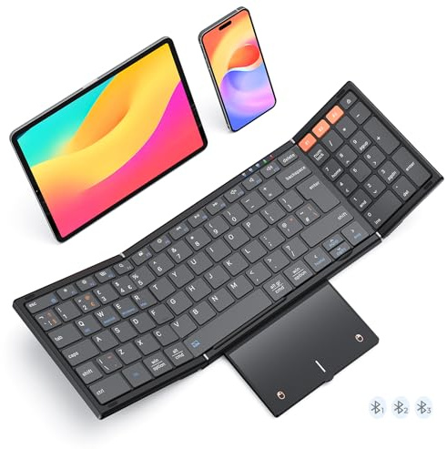 MEETION Teclado Bluetooth plegable con panel táctil, teclado inalámbrico portátil de 3 dispositivos con teclado numérico, tamaño completo, recargable, viajes de negocios para iPad, teléfono, PC, iOS