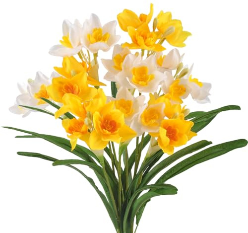 LEIMEND 8 Pezzi Fiori Artificiali Narcisi Fiori Finti per Decorazioni | Fiori Artificiali Bianco Giallo Fiori Finti da Esterno Adatto per la Decorazione di Esterni Balconi Interni Giardini
