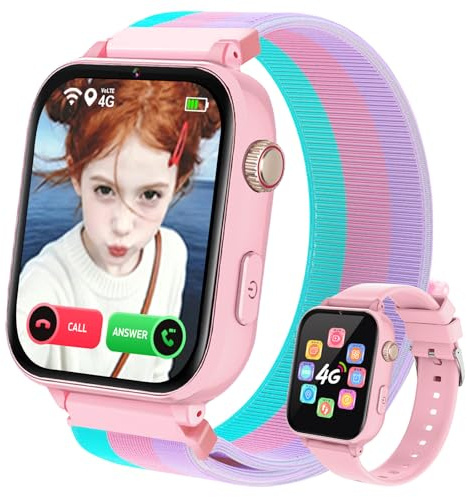 PTHTECHUS 4G Montre Connectée Enfant, Smartwatch avec GPS/Téléphone/Appels Vidéo/Chat Vocal/SOS/Mode École/Appareil Photo/Podomètre, Montre Intelligente pour Enfant pour Garçons et Filles (Rose-5S)