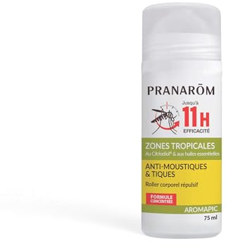 Pranarôm Aromapic Roller Anti-Moustiques et Tiques Zones Tropicales 75 ml | Protection jusqu'à 11h, formule au Citriodiol. Format roller pratique, peau hydratée, dès 3 ans.