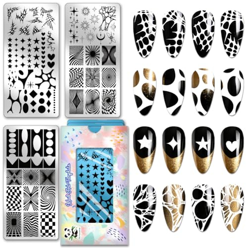 PH PandaHall 3 pièces Plaques de Manucure à Pointe Française Modèles d'Art de l'Ongle Étoile Soleil Cœur Gabarits de l'Ongle Vague Rayure Plaques de Tampon d'Art Texture Géométrique
