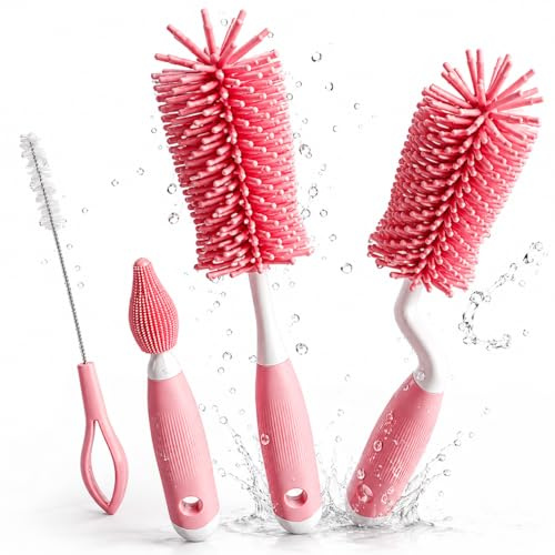 4-in-1 Bottle Brush Set – 360° Rotating Silicone Cleaning Brush with Nipple Brush & Straw Cleaner, BPA-Free Bottle Cleaning Kit for Expectant Mother Essentials – Home, Travel & Daily Use for Mom
