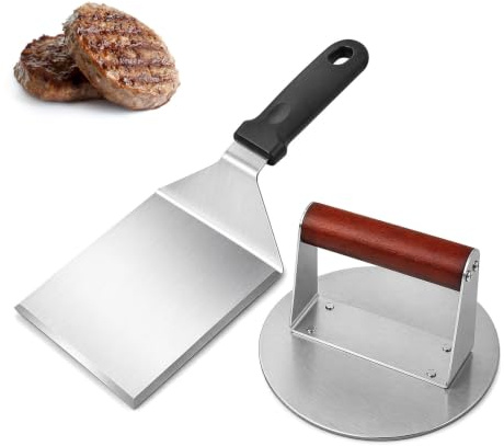 Stainless Steel Burger Press, Heavy Weight Wood Handle Smash Patty Maker | for Chefs Home Cooking, Meat Smasher, High-Protein, for Burgers, Steak, Bacon, Griddle Grill Cast Iron Pan Tool