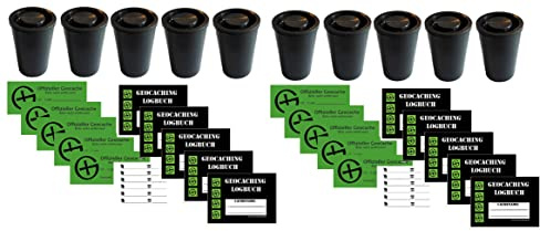 geo-versand Geocaching Versteck - Paket 10 x Filmdosen mit 10x Logbuch - 480 Logs 10 x Aufkleber