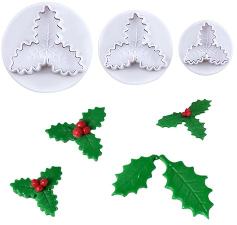 KALAIEN 3-Piece Holly Leaf Plunger Cutter, Food Grade Plastic Baking Tool for Cookie, Cake Decorating