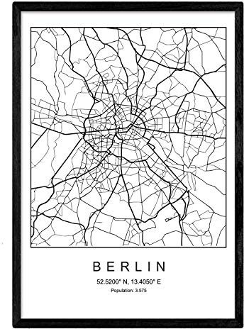 Nacnic Lámina Mapa de la Ciudad Berlin Estilo nordico en Blanco y Negro. Poster tamaño A3 Sin Marco Impreso Papel 250 gr. Cuadros, láminas y Posters para Salon y Dormitorio