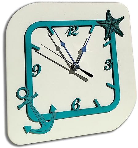 oggettando, Orologio da tavolo in ecopelle bianca applicazione legno Ancora e Stella Marina verde mare in scatola da regalo. Bomboniere, anniversari. Regali utili, Originali ed Economic. (23x23 cm)