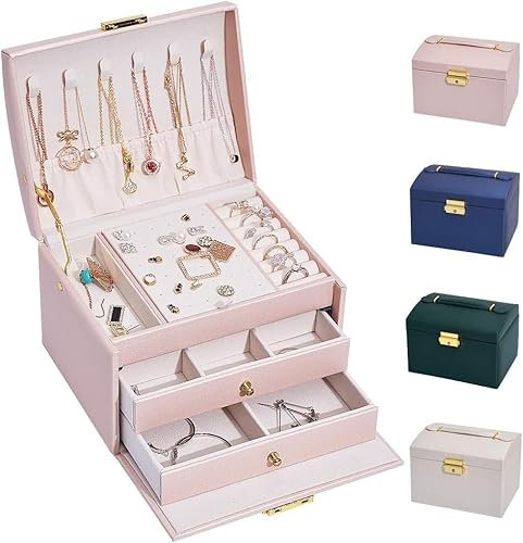 hombrima Boîte à Bijoux, Rangement Bijoux Verrouillable, Coffret Bijoux Femme avec 2 Tiroirs et 3 Couches, Rangement pour Montre, Collier, Bague, Bracelet, Idée Cadeau (Rose Grande Taille)