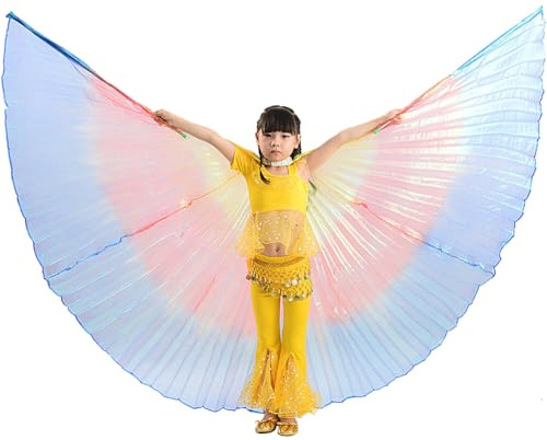 Leemiman Kinder Isis Wings Bauchtanzkostüme Isisflügel für Mädchen mit Stöcken (Regenbogen)