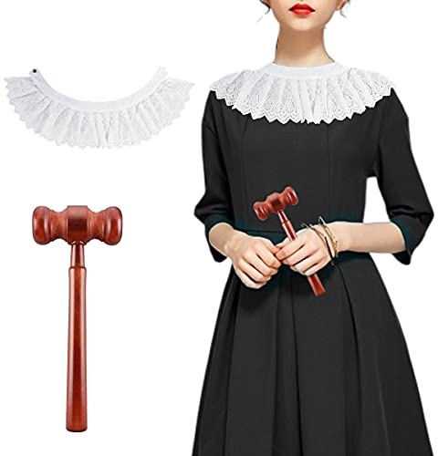 Halloween Judge Costume Accessory Lace False Collar Choker with Hammer | Wooden Courtroom Gavel Hammer for Halloween Cosplay Justice Party Favors Props, White&brown