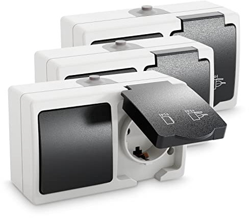 greate 3x Aufputz Schalter Steckdose Kombination mit IP54 für Feuchtraum - Steckdose Aufputz mit Wechselschalter 250V & 16A - Aufputzsteckdose mit Schalter, Steckdose Schalter Aufputz