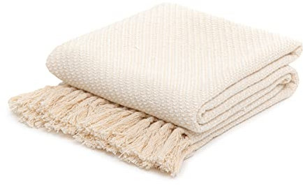 HOMLA Morris Plaid Decke mit Fransen aus Baumwolle - Weiche Kuscheldecke Überwurf Baumwolldecke - Feine Webart 130 x 170 cm Ecru