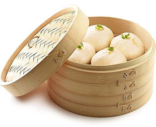 CAJOLI Multipurpose Bamboo Steamer Basket, Traditional Chinese Steamer Basket with Lid, 2-Tier Food Steamer Basket for Cooking Dumpling Vegetable Meat Fish Rice,30cm