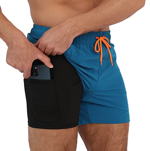 Arcweg badbyxor för män med kompressionsfoder, 2-i-1 snabbtorkande badshorts med fodrade boxershorts, stretchiga strandshorts med blixtlåsfickor, S – XXL, Mörkblått, S