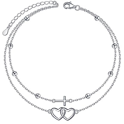 HOOHWE Fußkettchen für Damen 925 Sterling Silber Infinity Herz fußkette für Frauen Klassische Verstellbar Bead Fussketten Armbänder Sommer Schmuck für Frauen und Mädchen Layered Ankle Bracelet