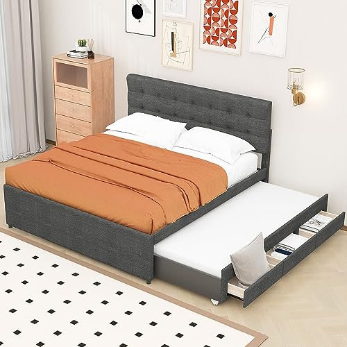 KUAKE Polsterbett, 140x200cm Doppelbett, Familienbett, Ehebett mit DREI Schubladen, Ausziehbares Bett, Verstellbares Kopfteil (Grau)