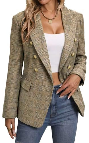 Mina Self 2026 Damen Herbst Tweed Plaid Blazer Business Casual Arbeitsjacke | Langärmelige Button-Down-Jacke, zweireihiges Revers, vollständig gefütterte Jacke, Herbst-Winterkleidung
