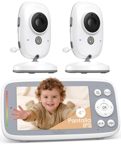 BOIFUN 4 Vigilabebes con 2 Camaras, 720P, Zoom 3X, Visión Nocturna Infrarroja Invisible, Modo Eco (VOX), Barra de Volumen, Pantalla IPS, No Requiere WiFi