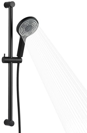 OFFO Barre de douche coulissante avec pommeau de douche 6 modes, tuyau en acier inoxydable de 1,5 m, rail de rehaussement réglable de 70 cm et pommeau de douche à main haute pression, noir mat