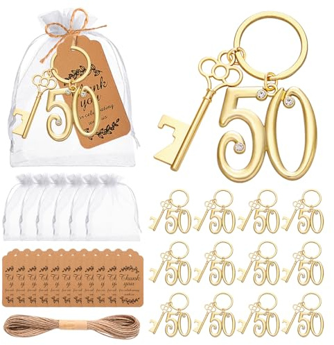 24Pcs 50th Key Bottle Openers Keychain Bulk 50th Birthday Party Favors, 50th Gold Beer Key Chain Ring Bottle Opener 50 Wedding Anniversary Return Gifts Party Decorations or Souvenirs for Guests