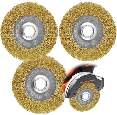 Luckwaii Wire Brushes Drills, 3pcs Brass Coated Wire Brush Wheel 100mm | Bench Brass Plated Crimped Steel for Cleaning, Rust Removal, Polishing, Deburring & Paint Removal