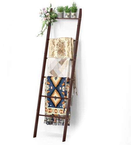 BAMBANG 6-stufige Handtuchleiter für Wohnzimmer, Deckenquilt-Leitergestell dekorativer Handtuchhalter, an der Wand lehnende Deckenleiterregal-Ablage für Schlafzimmer, Blanket Ladder Rack, Braun