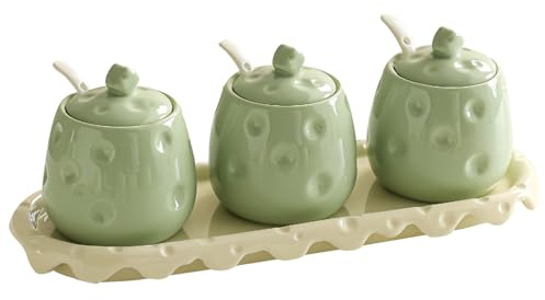 Dowbom Azucarero con tapa y cuchara, tarro de almacenamiento de 200 ml, recipiente de azúcar, azucarero, azucarera (verde-juego de 3)