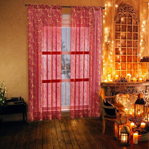 Lukery Weihnachten Transparent Vorhänge Wohnzimmer 2er Set, Weihnachtstag Heißprägen Halbtransparent Gardinen Vorhänge Durchsichtig für Fenster Küche Wohnzimmer Landhaus (Rot,W107x244cm)