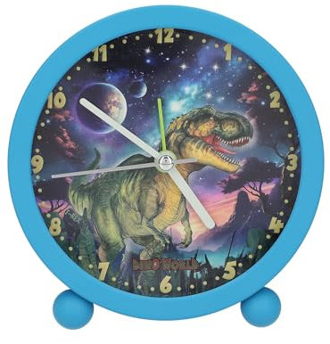 Depesche 13313 Dino World Galaxy – väckarklocka i blått för barn, med dinosauriemotiv, tyst klocka med ljusfunktion, inklusive batteri