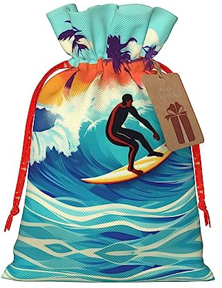 HJLUUFT Jutebeutel mit Hawaiianischem Surfer auf gewelltem Druck, Weihnachtsgeschenktasche mit Kordelzug und Geschenkanhänger, für Hochzeit, Weihnachten, Party