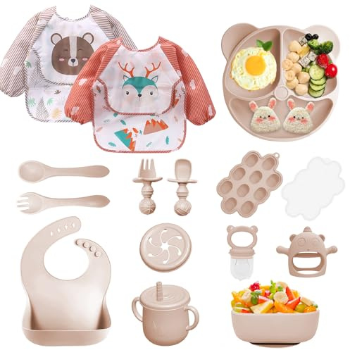 Bizcasa 14 st babymåltidslåda, halkfri babyservis set silikon med sugkopp, skål, gaffel, sked haklapp och kopp, barntallrik, BPA-fri (14 st-beige)