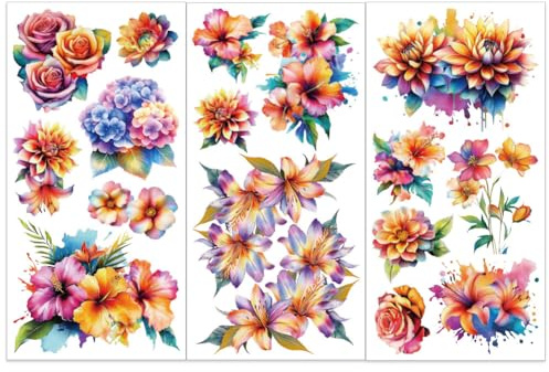 OLYCRAFT 3 pz/Set di Adesivi da Strofinare con Fiori Colorati per Mobili e Artigianato 15x30cm Adesivi per Mobili con Giglio Rosa e Dalia Adesivi da Strofinare con Fiori Ad Acquerello per Mobili