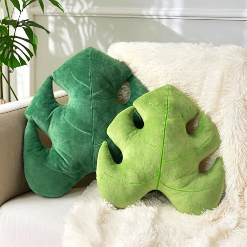 Tone Link. 3D Leaves Throw Pillows, 18& 14 Monstera Deliciosa Soft Plush Soft Pillow, Set of 2 for Living Room Bedroom Decor, Light Green & Dark Green