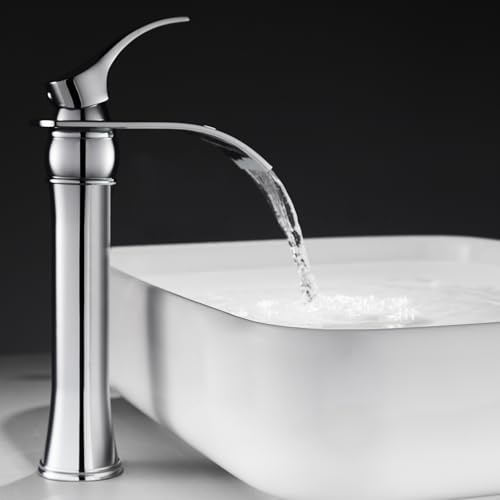 ROVOGO Chrome Waterfall Tall Basin Mixer Tap, Single Handle Bathroom Sink Mixer Tap, High Rise Bathroom Mixer Sink Faucet, Monobloc Hot & Cold Basin Mixer Tap, Brass & 304 Stainless Steel