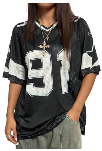 GORGLITTER Women's Star Number Graphic Jersey T Shirts V Neck Half Sleeve Loose Streetwear Tops Black Large
