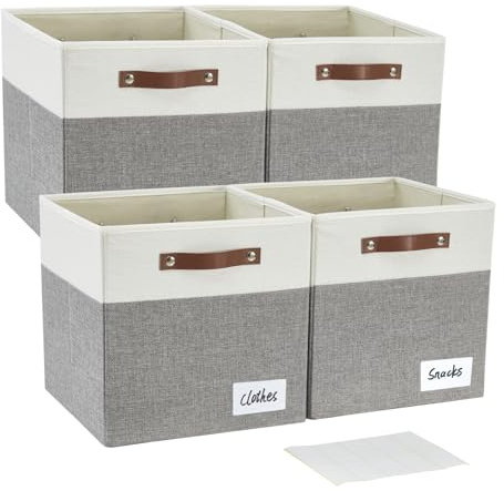 Bagnizer Collapsible Fabric Storage Cube Bins with 2 Reinforced PU Handles, Foldable Storage Organizer Baskets for Closet, Shelves, Living Room | 13x13x13, 4 Pack, Gray & White