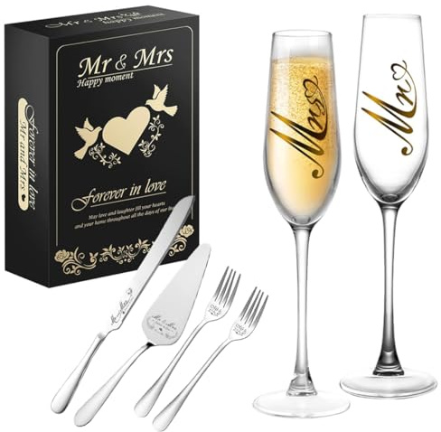 PIPITA Champagne Glasses Wedding Cake Knife and Sever, Champagne Flutes and Cakes Knife Server Set, Cake Cutting Set for Wedding, Engagement Gfits for Couples (Silver)