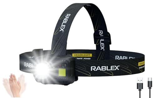 RABLEX RB659 LED-Stirnlampe, 500 Lumen Wiederaufladbare LED Kopflampe mit 7 Lichtmodi, Rotlicht & Sensor USB-Aufladung, IPX6 Wasserdicht Leicht & Kompakt Ideal für Camping, Wandern [Energieklasse A+]