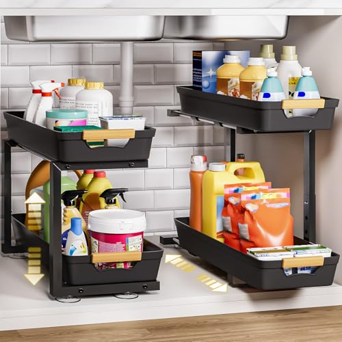 Yorbay 2 Pack Küchen Organizer, Unter Waschbecken Regal mit 8 Rutschfester Saugnapf, Schrank Küchenorganizer, Schrankkorb für Küche, Bad, Putzmittel, Waschmittel (Schwarz)